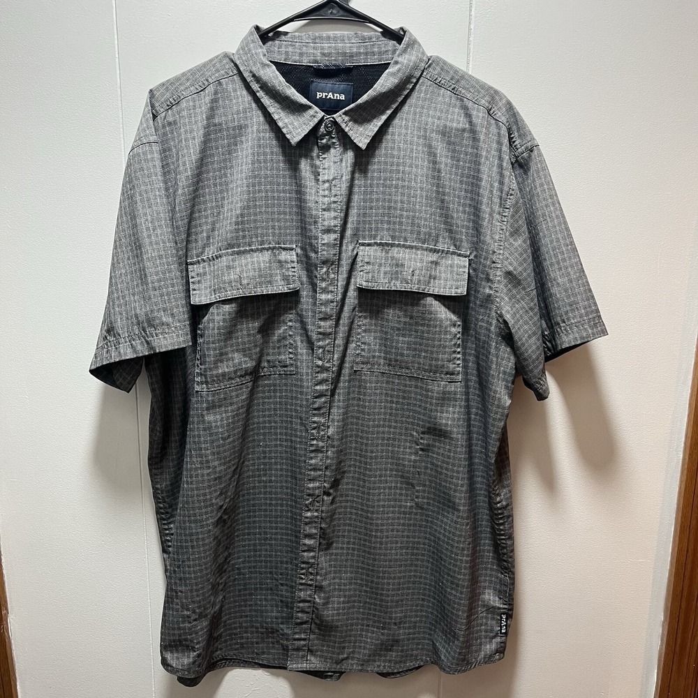 Prana Mens Garvan Shirt Short Sleeve Performance Shirt Gray Plaid Size XL